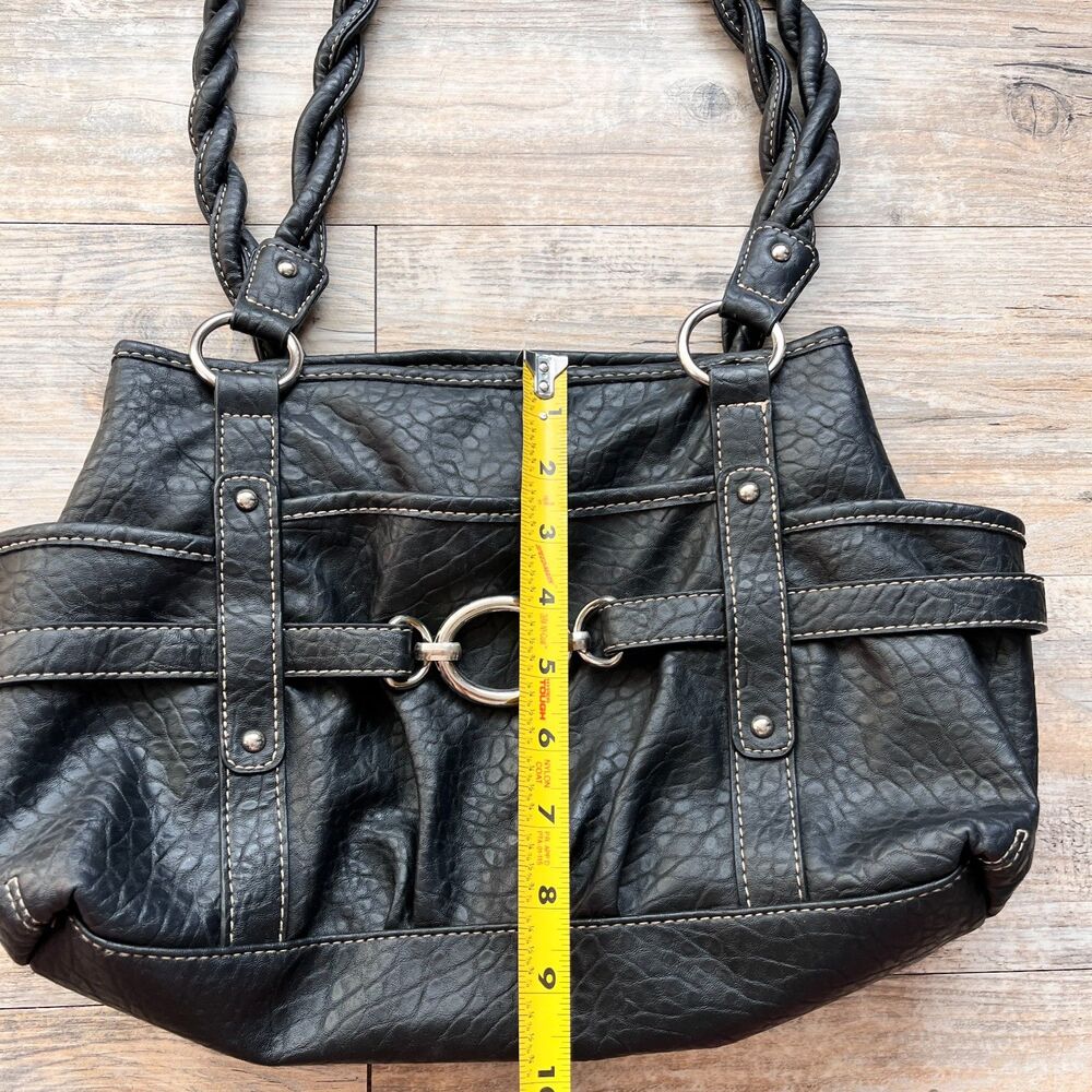 Y2K Black Faux Leather Shoulder Bag Braided Strap Silver Hardware Purse Grunge - Picture 9 of 11